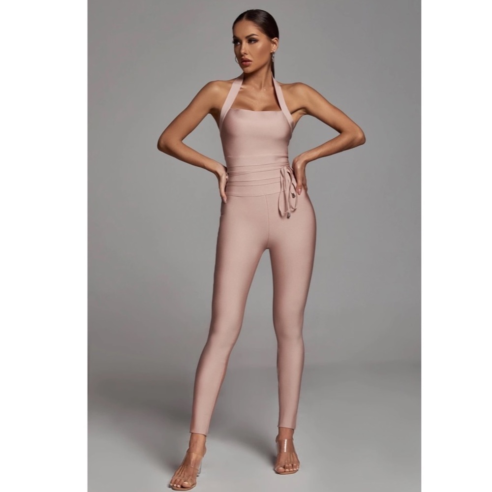 Bella Barnett Halterneck Bandage Jumpsuit - Khaki